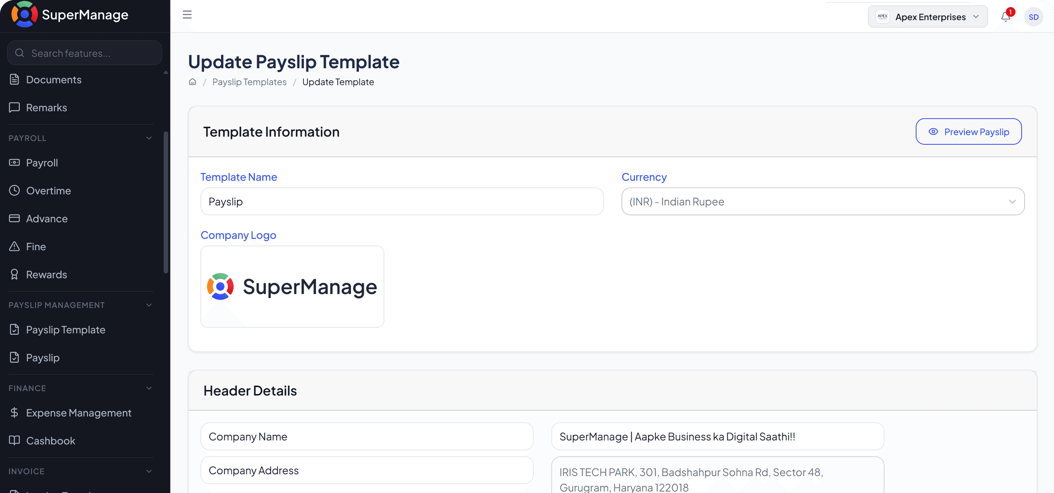 SuperManage HRMS dashboard showing attendance overview, employee stats, and upcoming payroll