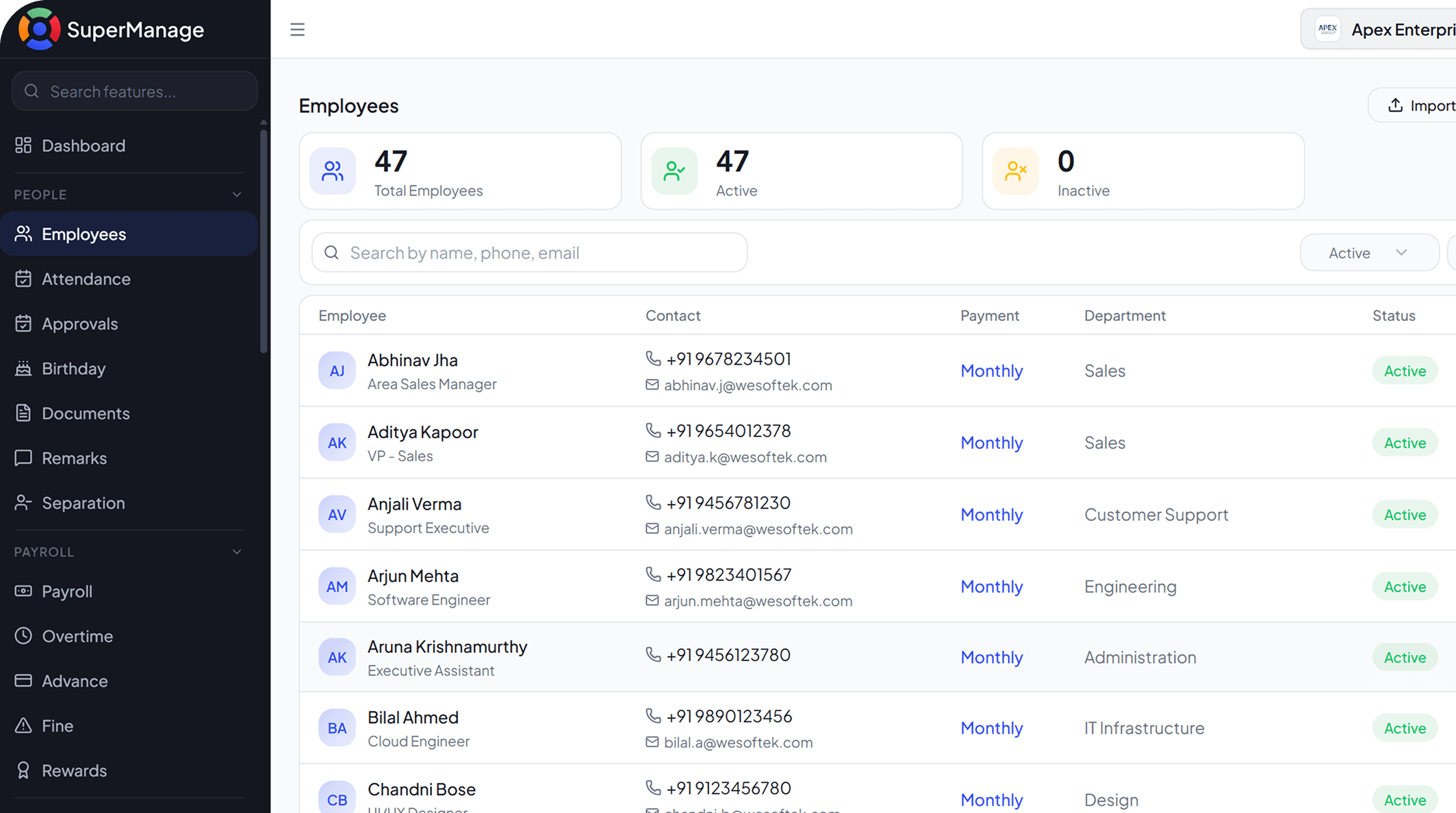 SuperManage HRMS attendance dashboard showing employee status, punch in/out, and hours