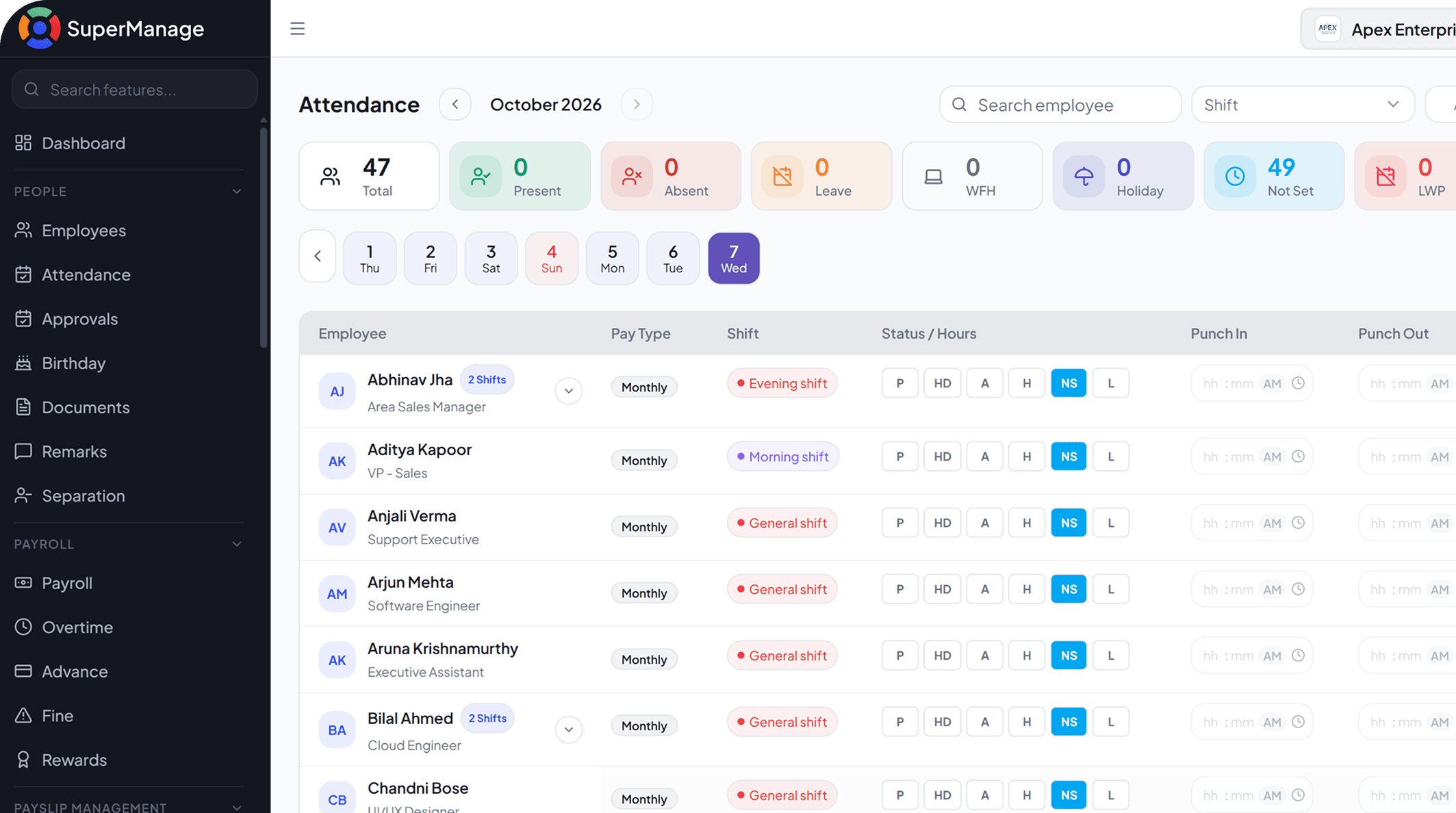 SuperManage HRMS attendance dashboard showing employee status, punch in/out, and hours