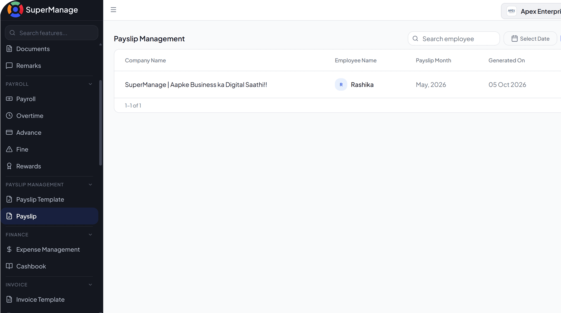 SuperManage HRMS attendance dashboard showing employee status, punch in/out, and hours