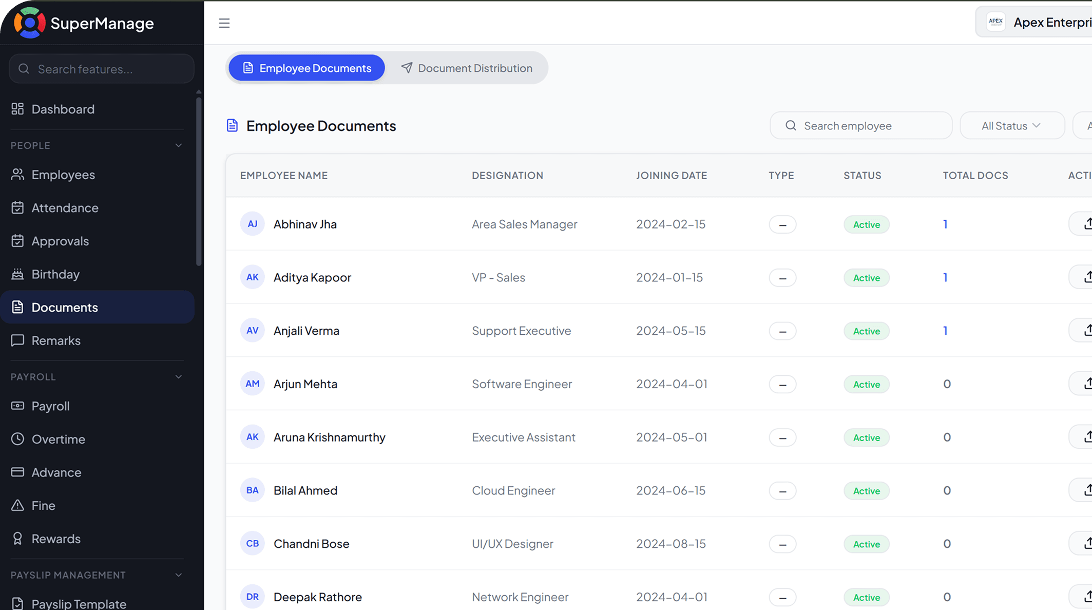 SuperManage HRMS attendance dashboard showing employee status, punch in/out, and hours
