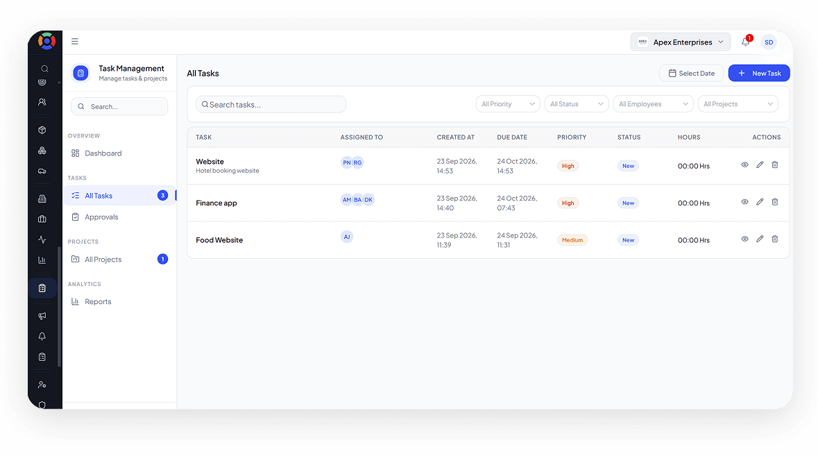 SuperManage HRMS attendance dashboard showing employee status, punch in/out, and hours