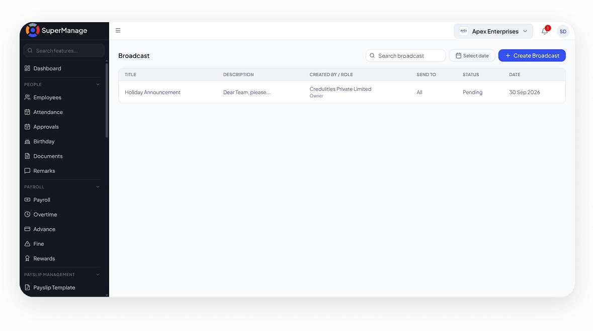 SuperManage HRMS attendance dashboard showing employee status, punch in/out, and hours