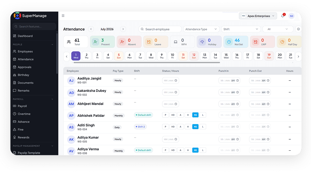 SuperManage HRMS attendance dashboard showing employee status, punch in/out, and hours