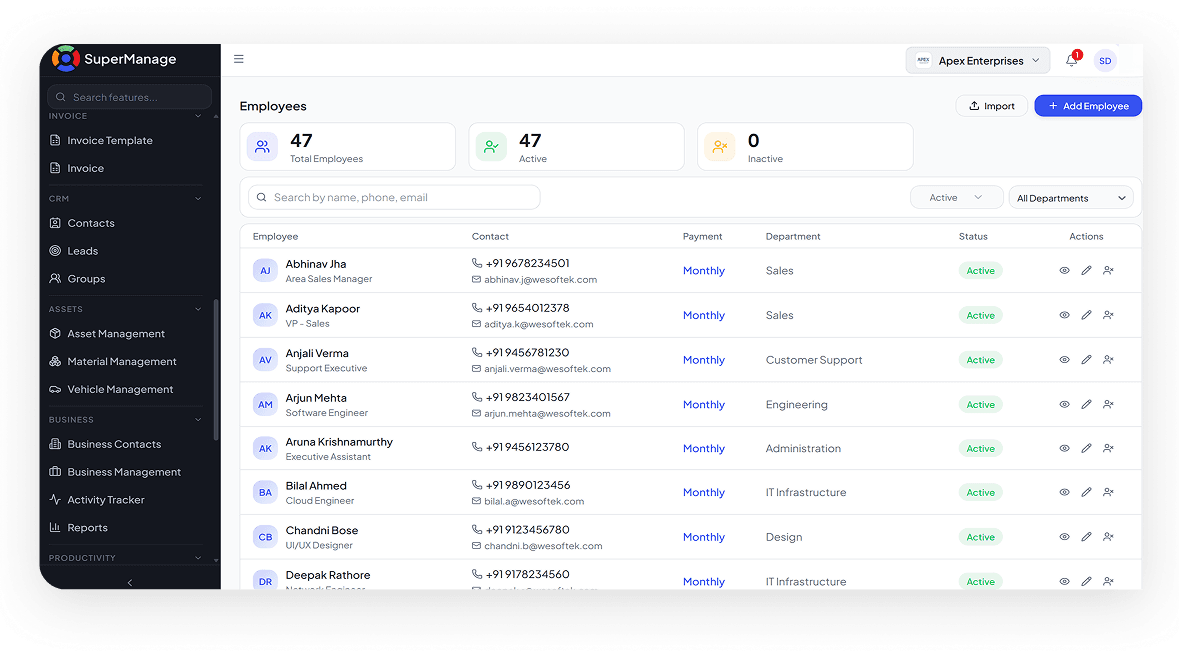 SuperManage HRMS attendance dashboard showing employee status, punch in/out, and hours