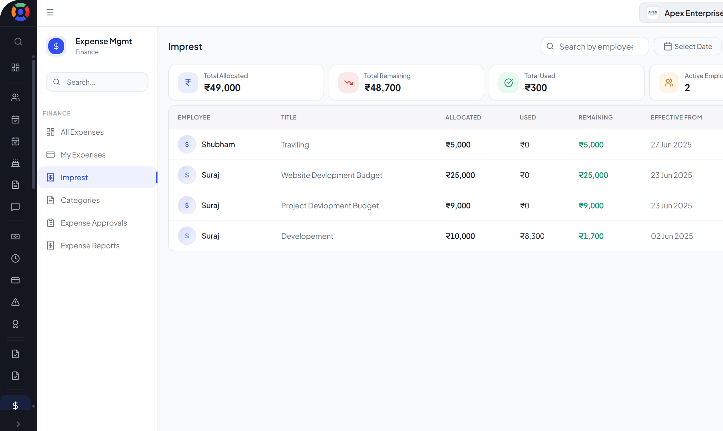SuperManage HRMS attendance dashboard showing employee status, punch in/out, and hours