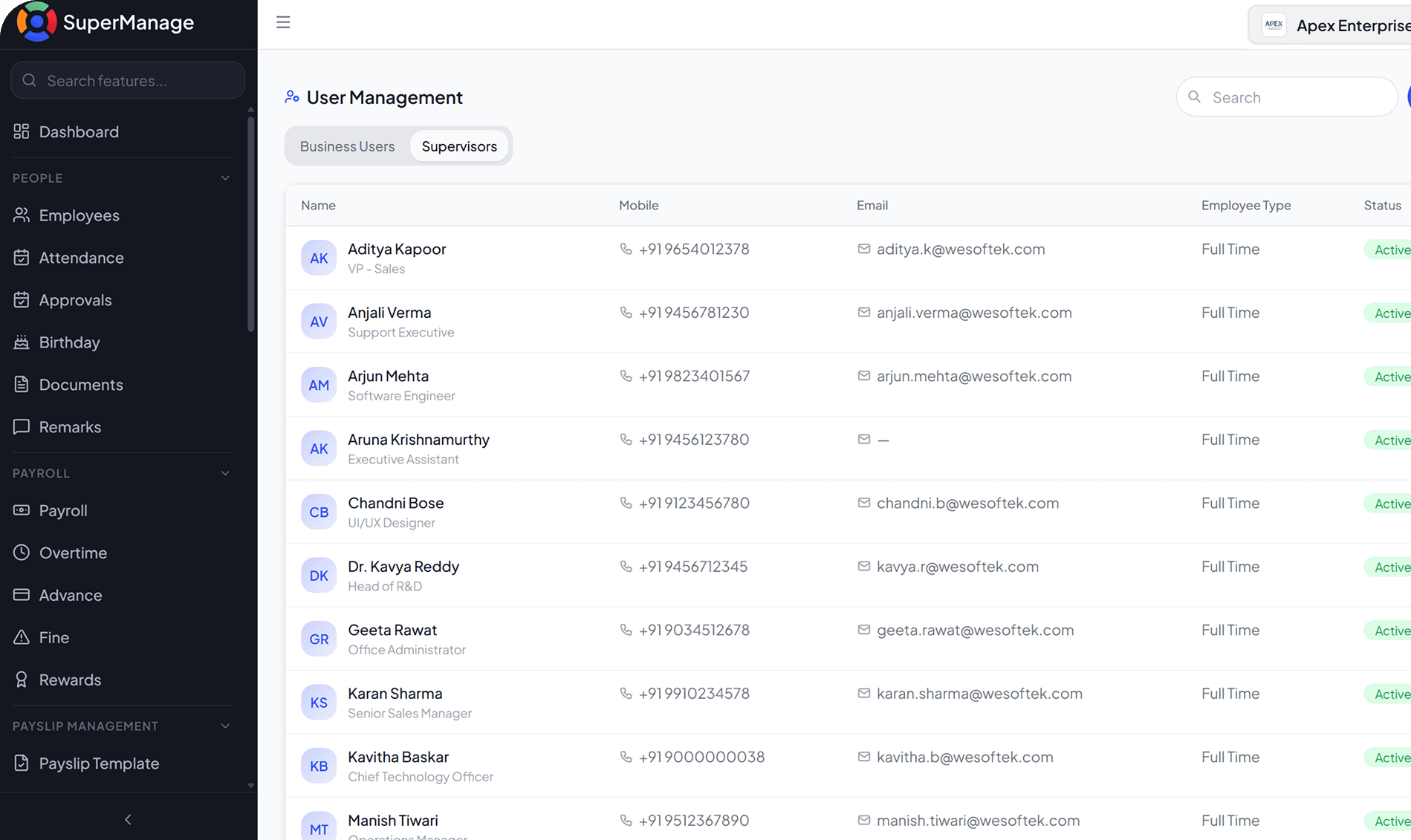 SuperManage HRMS attendance dashboard showing employee status, punch in/out, and hours