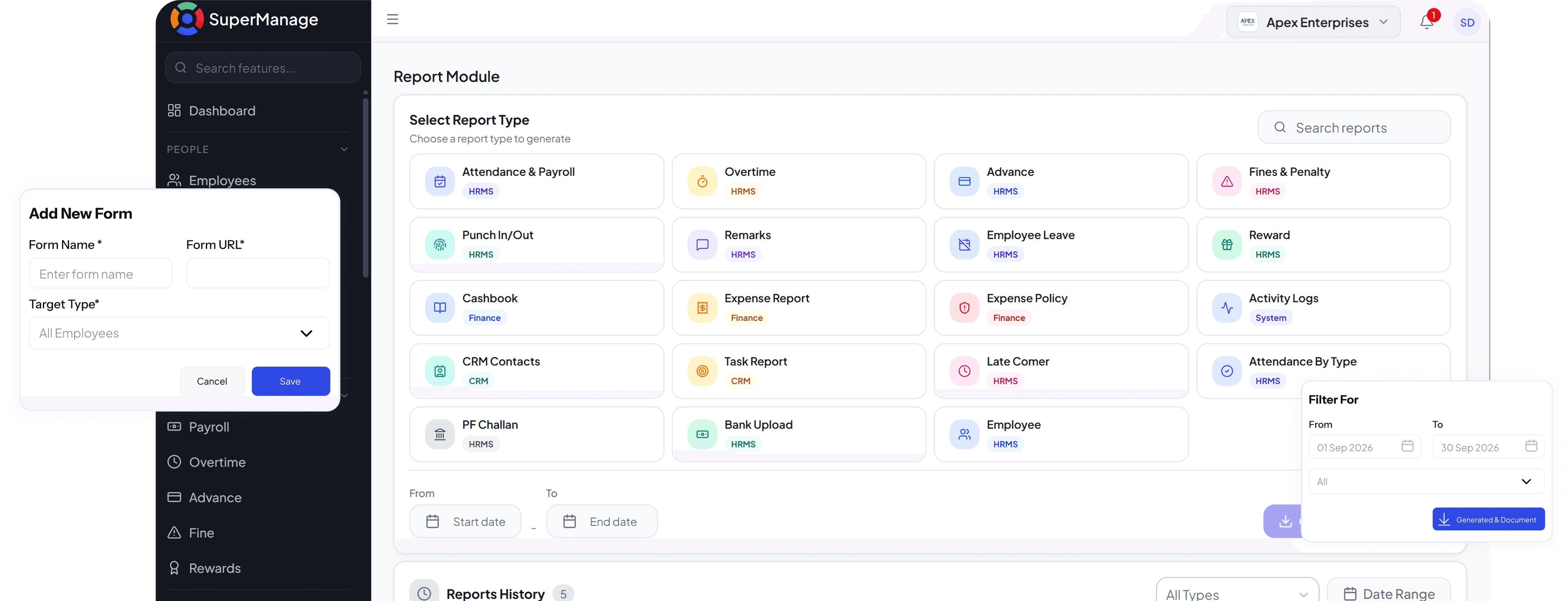 SuperManage HRMS dashboard showing attendance overview, employee stats, and upcoming payroll