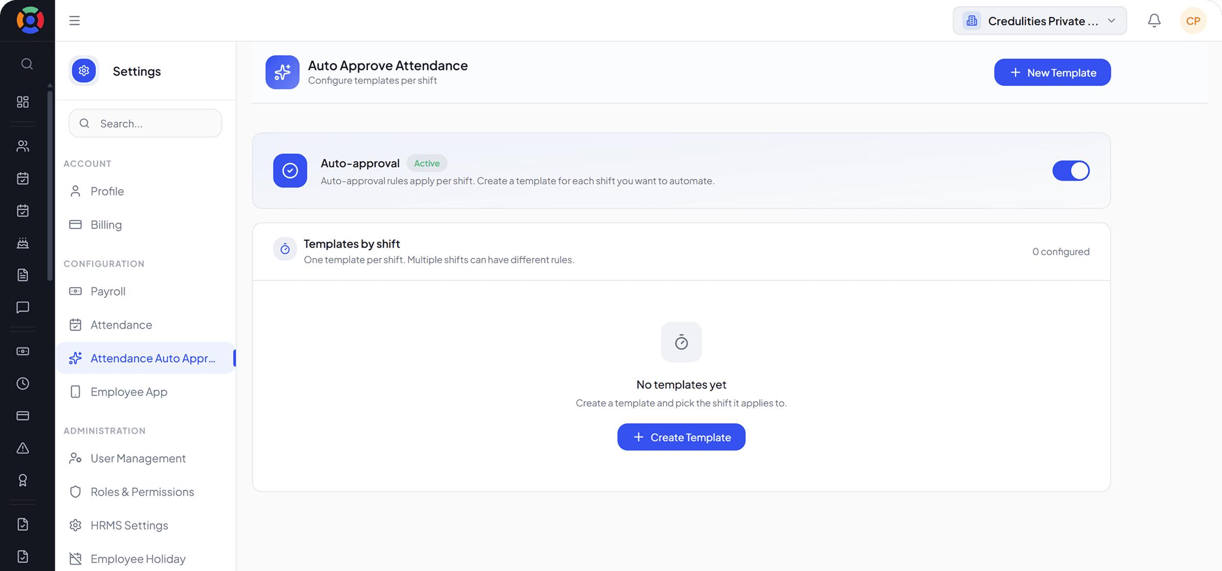 SuperManage HRMS dashboard showing attendance overview, employee stats, and upcoming payroll